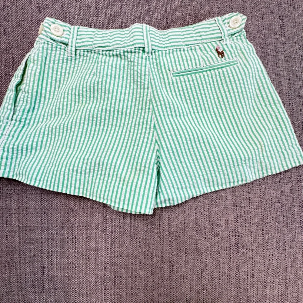 Ralph Lauren Girls Green White Striped Seersucker Shorts Size 7 Pony Logo